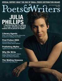 The July/August cover of Poets & Writers Magazine, featuring Julia Phillips, a white woman with short brown hair and blue-green eyes. She is seated with her arms loosely crossed and wears a black watch on her left arm. Above her, the Poets & Writers is rendered in pale blue and to her left, headlines in the same pale blue and white font.