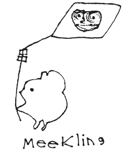 The Meekling Press logo, a hand-drawn mouse with a kite depicting a mangled face. The ink is black on a white background with "Meekling Press" written at the bottom.