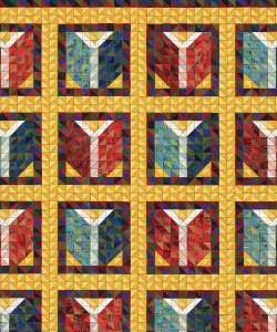 A patterned book quilt made out of books. The pattern incorporates alternating blue and red books on a yellow background.