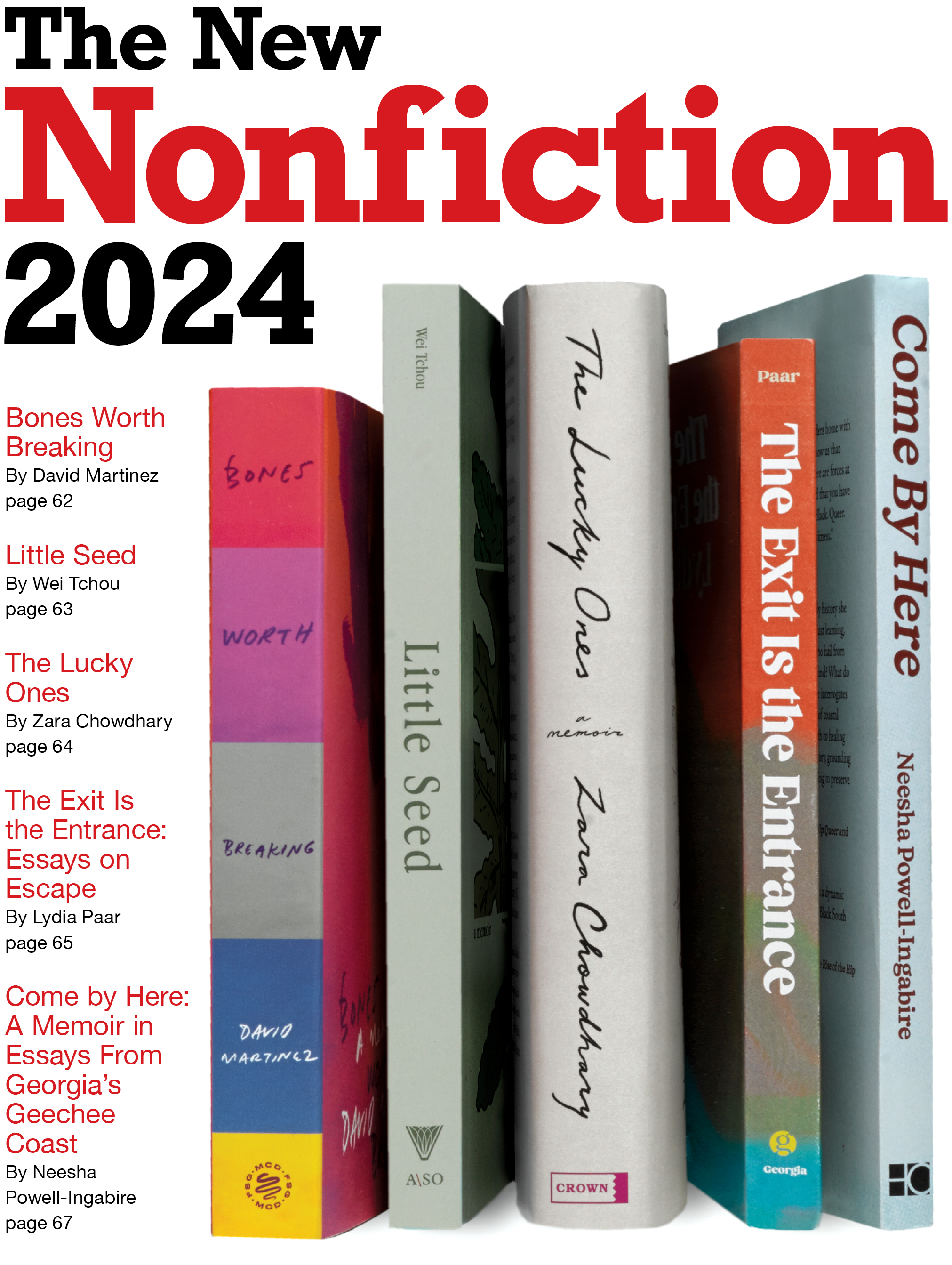 The cover page for The New Nonfiction 2024, featuring five books standing as though on an invisible shelf with their titles and authors listed in red on the left side. At the top, the title of the profile in red and black bold text.